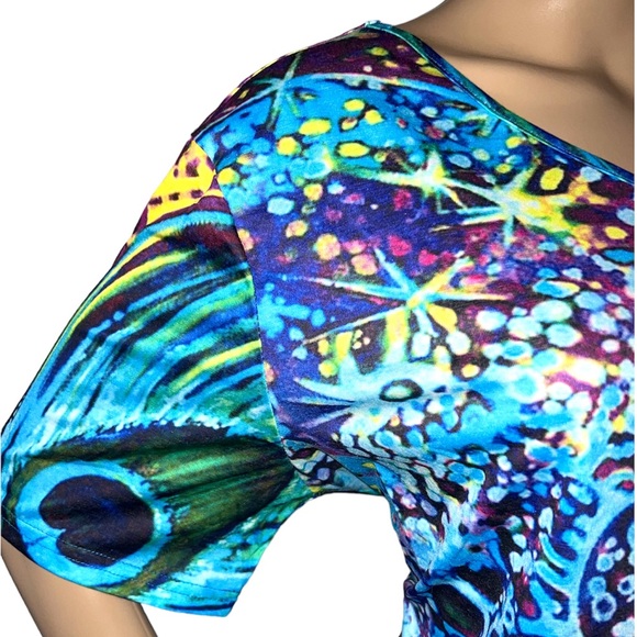 MISSLOOK | COLORFUL PEACOCK FEATHER PRINT SHORT SLEEVE TOP - Picture 4 of 8